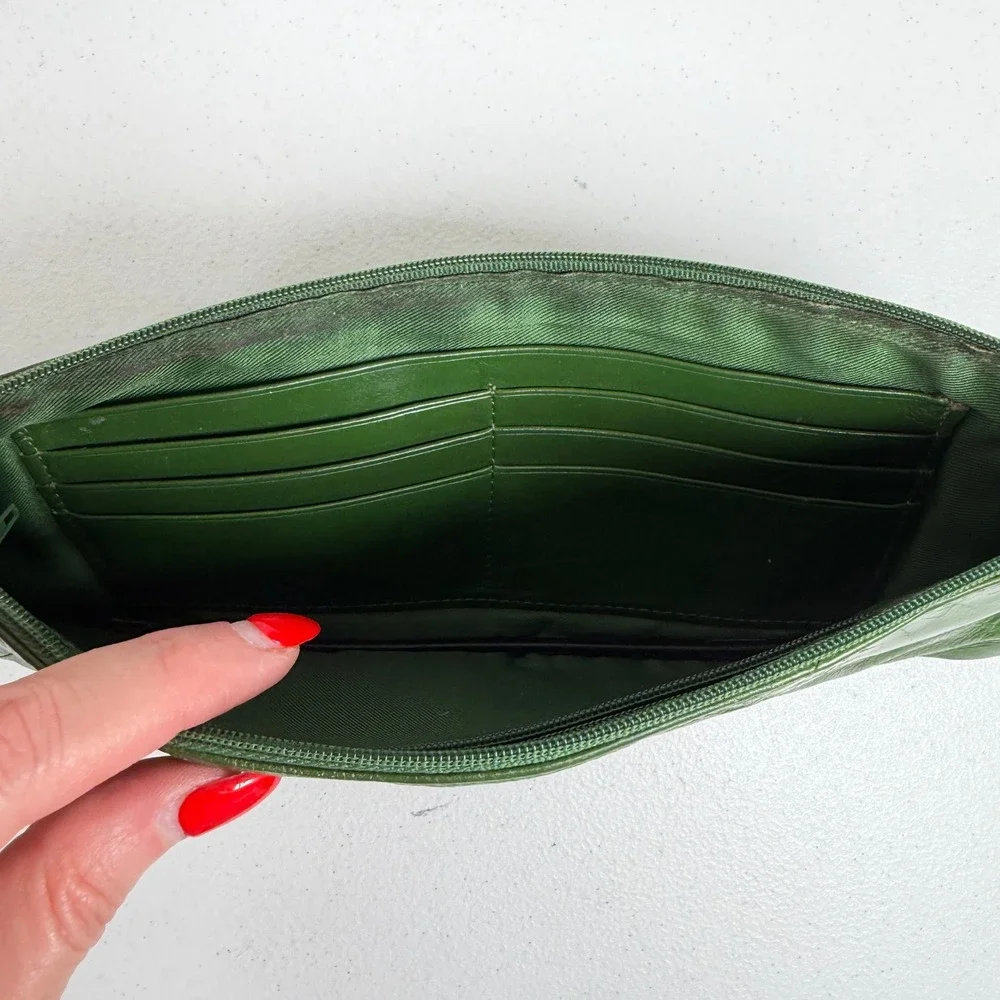 Boho Green Genuine Leather Patchwork Zip Clutch Wallet Slim Bell Charm